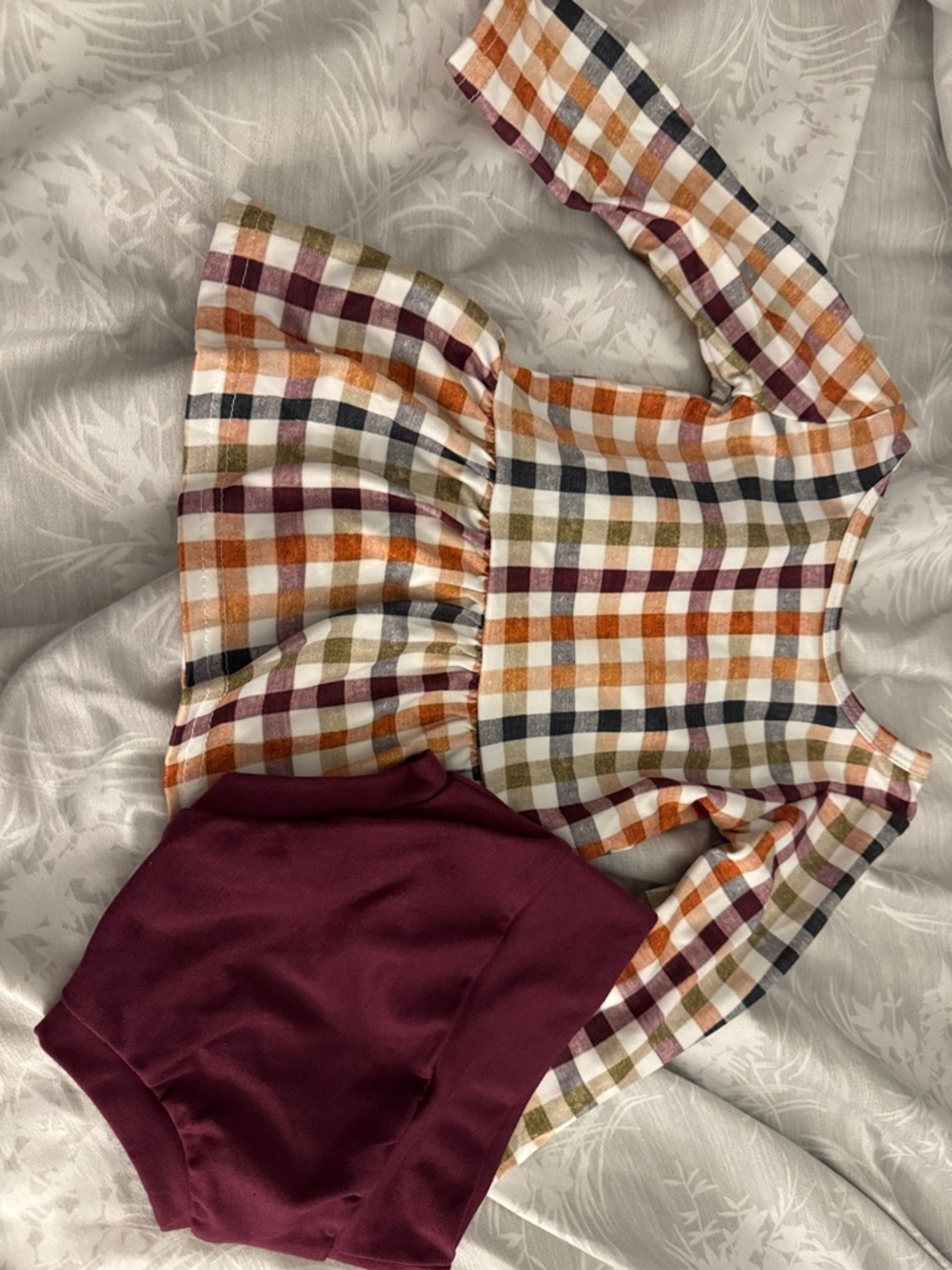 Plaid Long-Sleeve Baby/Toddler Peplum Top with Burgundy Bloomers